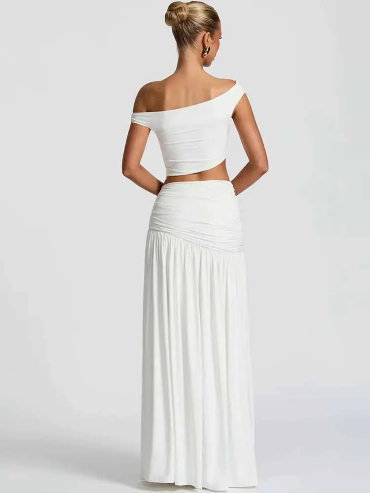 Bkqu conjunto de vestido plissado de metal feminino sexy fino fora do ombro colheita superior e alta divisão saia longa combinando elegante festa 2 peça conjunto