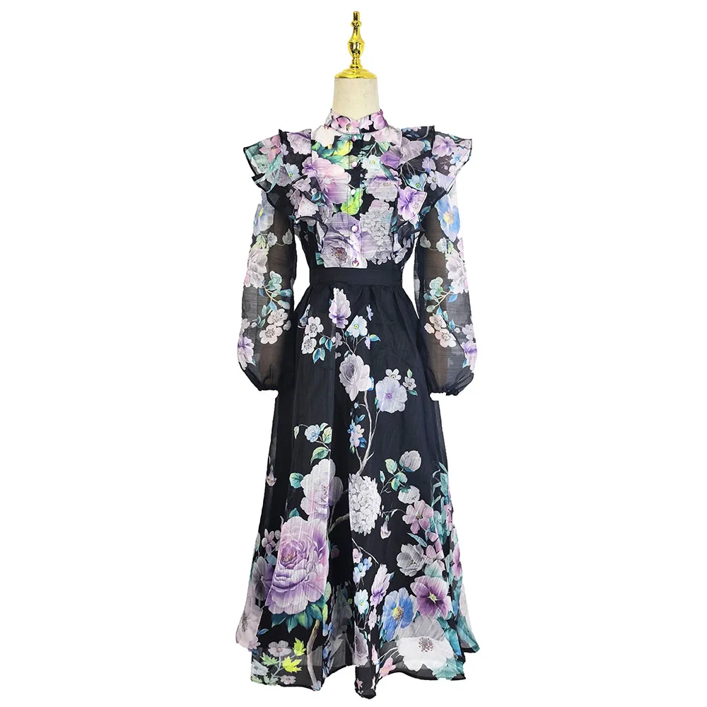 

Summer Holiday Women's 2 Piece Set with Long Lantern Sleeve Shirt Blouse Elastic Waist A-Line Skirt - Floral Print Runway Style