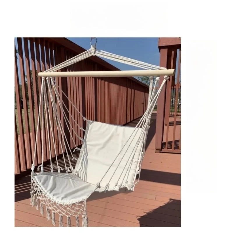 Boho Macrame Tassel Hanging Swing Chair Solid Wood Spreader Bar Canvas Indoor Balcony Leisure Hammock Chair