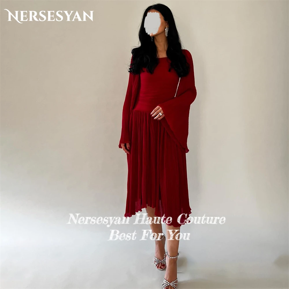 Nersessuperb-Robe de Soirée Élégante de Couleur Bordeaux, Tenue de Bal de Forme Trapèze, Plissée, Manches Évasées, Longueur Thé, Arabie Saoudite