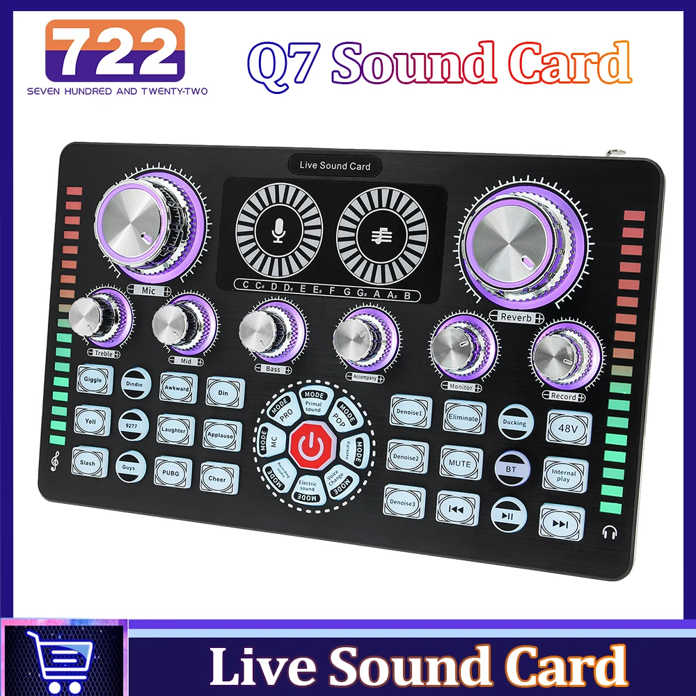 

Q7 Live Sound Cards 48V Podcast Equipment Suitable for Mobile Phone or PC for Live Streaming Mixing and Singing Recording