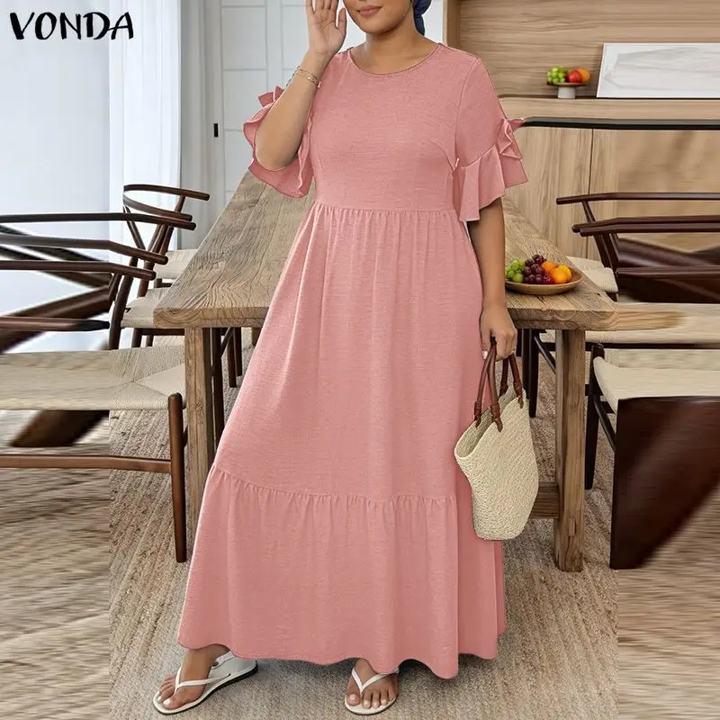 

VONDA Elegant Women Plus Size Dresses Solid Color Long Maxi Dress Summer A-line Vestidos Ruffles Sleeve Sundress OL Streetwear