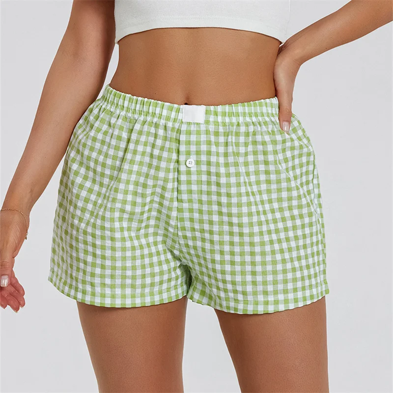 Women Y2k Plaid Pajama Shorts Buttons Elastic High Waist Casual Straight Short Pants Lounge Baggy Sweatshorts 2024 Summer New