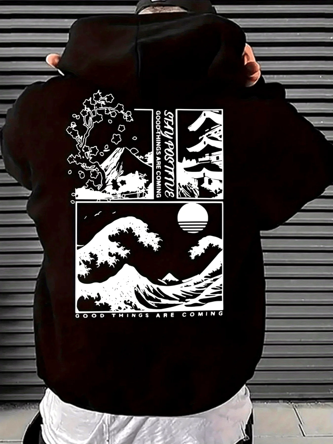 Sudadera con capucha de estilo japonés para hombre, otoño/invierno, con estampado de cerezo y Monte Fuji en blanco, estilo casual y holgado para la calle