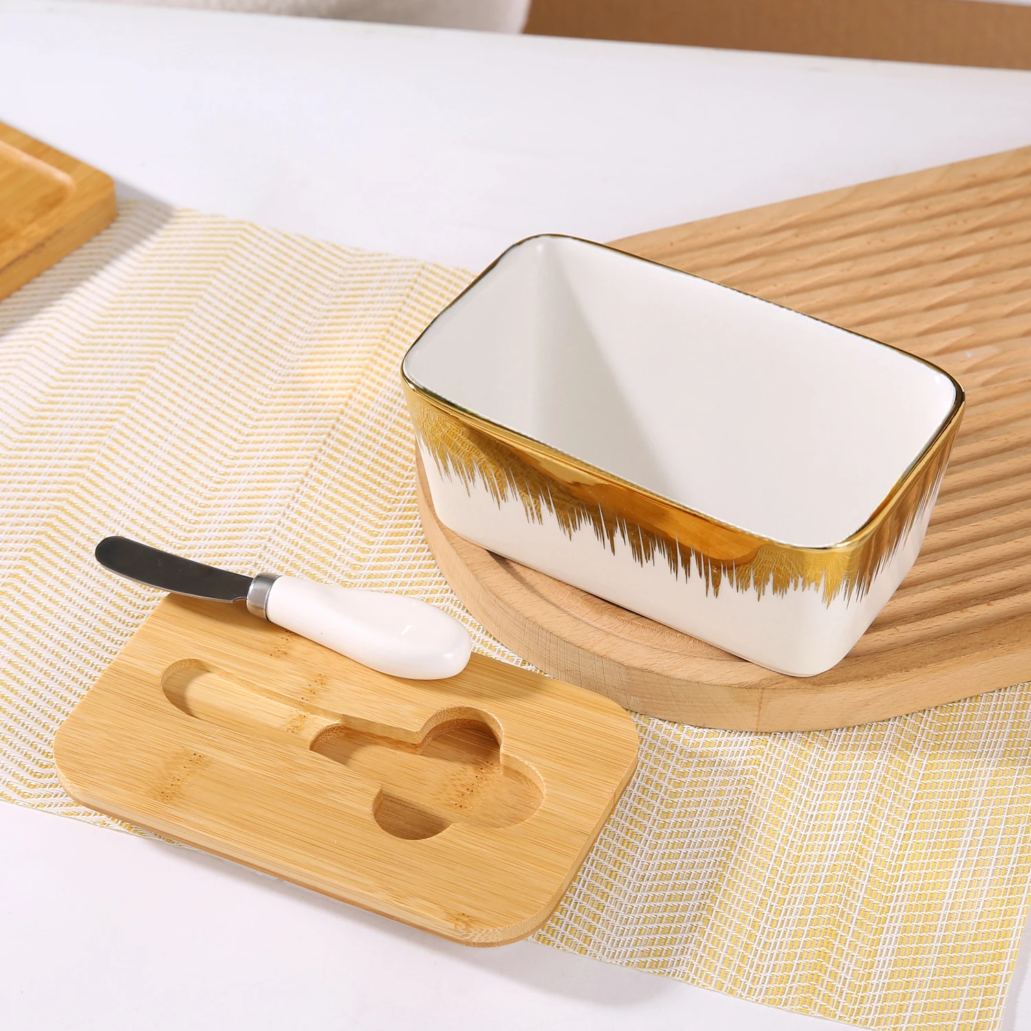 gold edged Ceramic Butter Dish With Bamboo Lid And Knife, LargeButter Keeper Container For Counter, Airtight Butter HolderWith