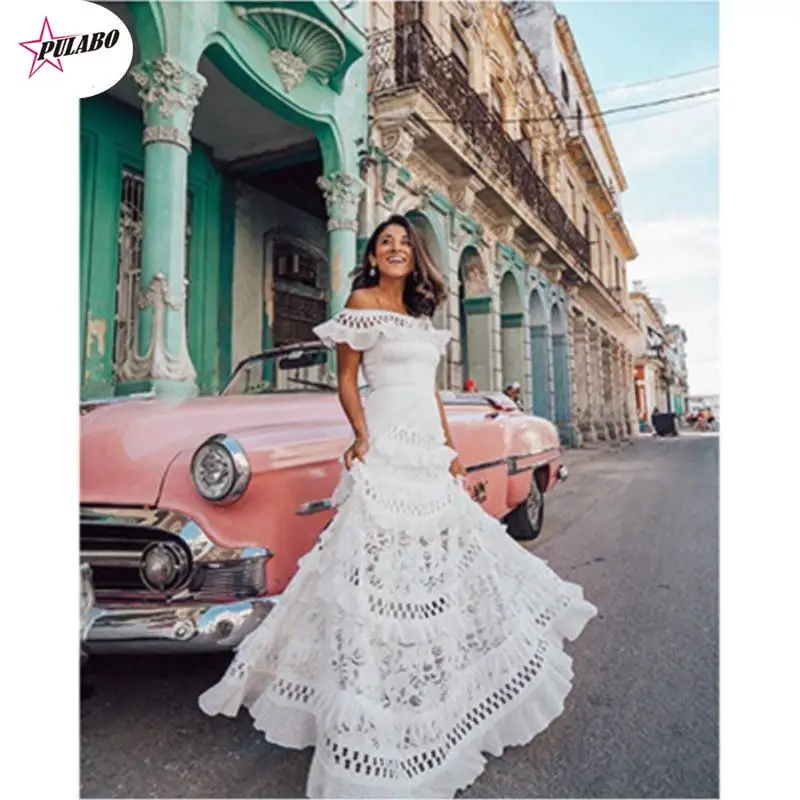 PULABO Summer Lace Maxi Dress Ladies Short Sleeve Hollow Out Long Sundress Beach Evening Party Dresses Female Elegant Vestidos