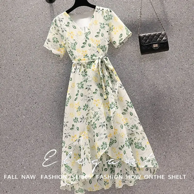 Französisches Chiffonkleid mit Blumendruck, Übergröße, schlankmachendes Midikleid in A-Linie, lässig, elegant