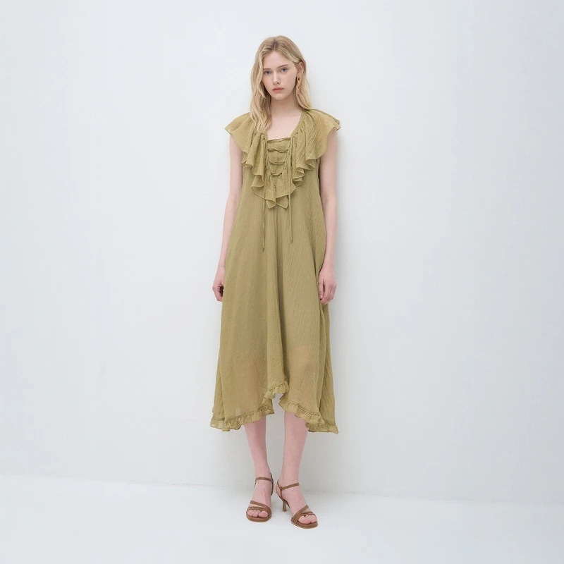 

Summer Korean Style Casual Loose Fit High Waist A-Line Dress with Lace Trim Sleeveless U-Neck Long Dress in Linen Material