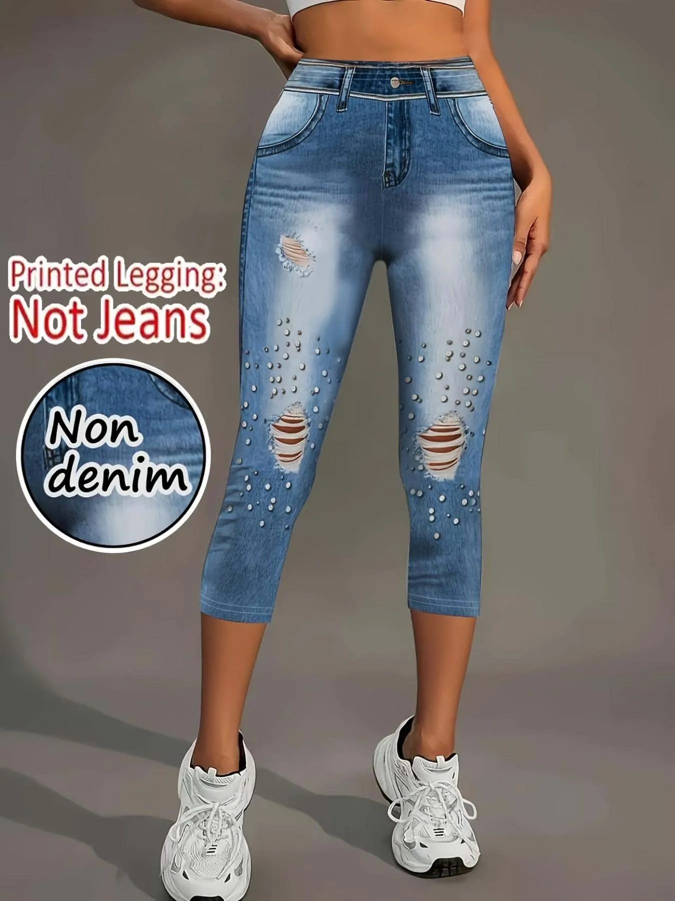 

Women's Non-Denim Faux Denim Print 7/8 Length Leggings, Casual Skinny Outdoor Sports Yoga Pants, Soft Skin-Friendly Beach Pants