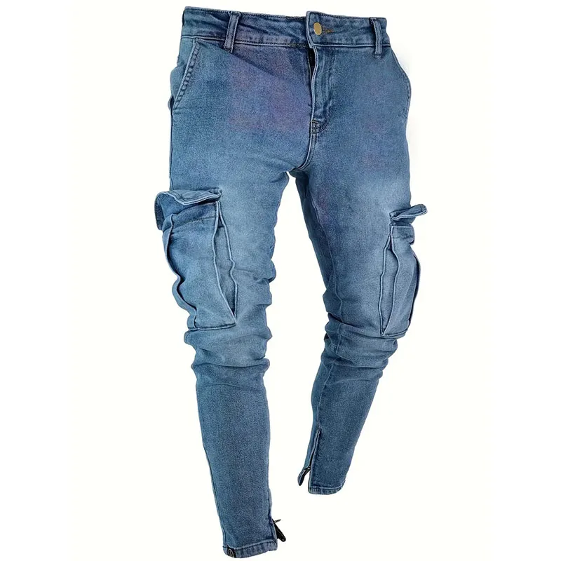 Street Elastic Jeans Men Denim Cargo Pants Solid Color Multi Pockets Bottom zipper Casual Trousers Slim Fit Daily Wear Joggers