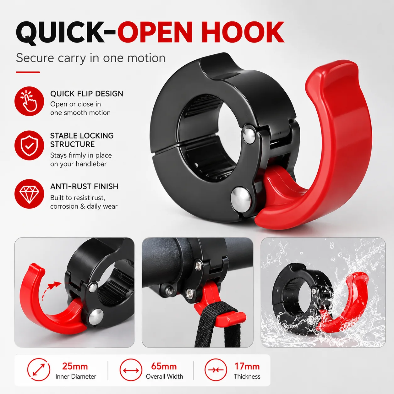 PINMOAP 1PC Motorcycle Bag Hooks No-Drill Handlebar Hanger With Anti-Slip Pad For Helmet Backpack Grocery Travel Daily Storage