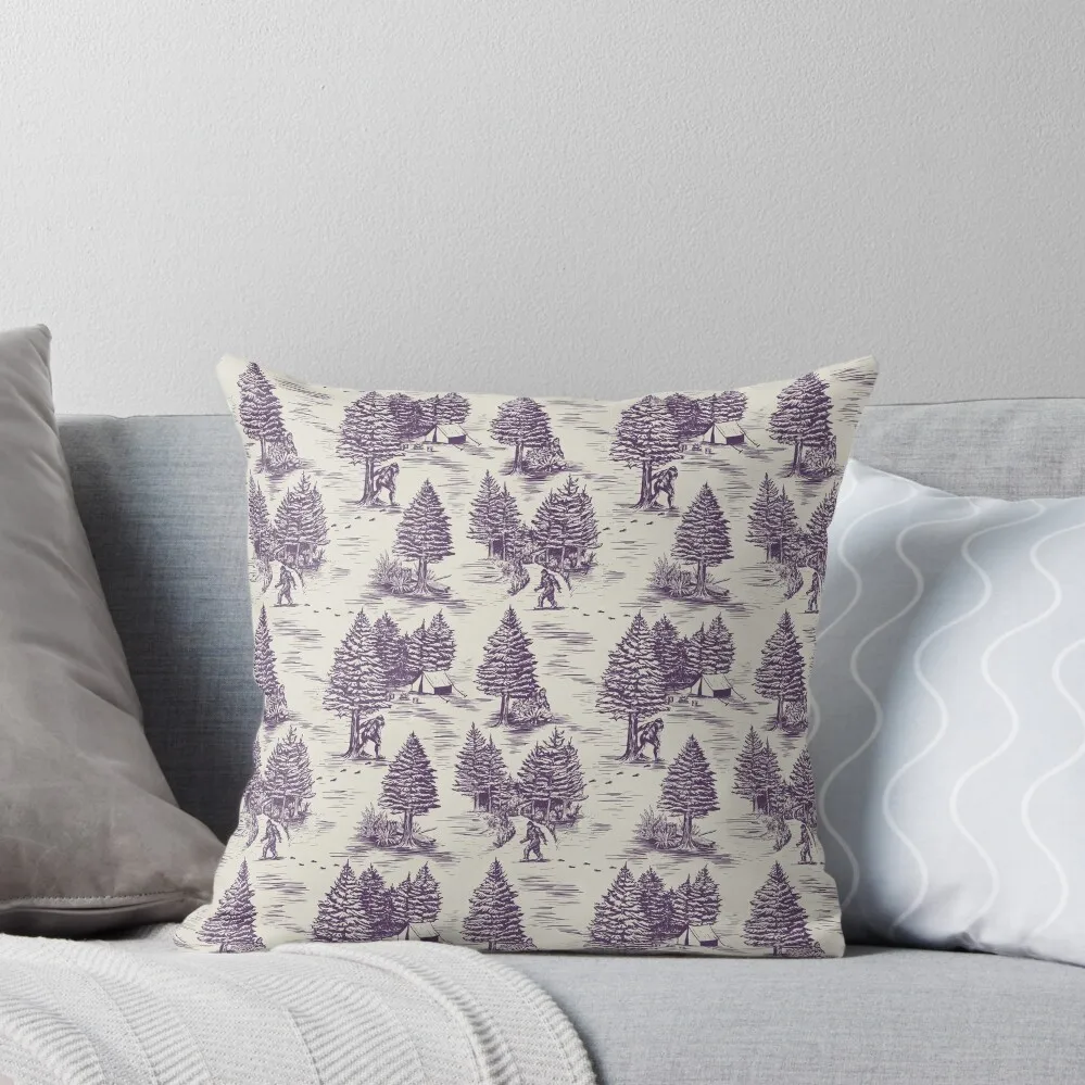 Bigfoot / Sasquatch Toile de Jouy in Purple Throw Pillow Luxury Pillow Case Pillow Cover