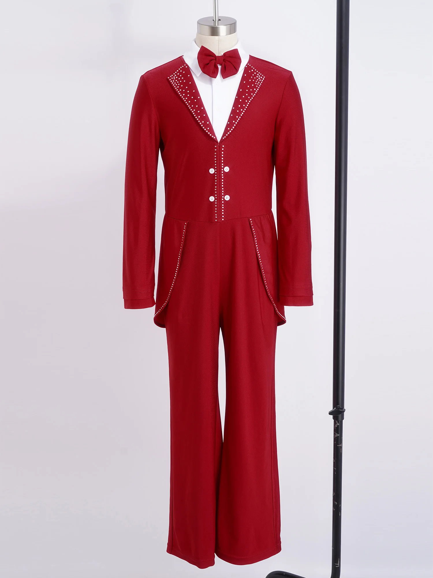 Teen Boys Halloween Magician Cosplay Costume Long Sleeve Bow Tie Shiny Rhinestone Jumpsuit for Figure Skating Dance Performance