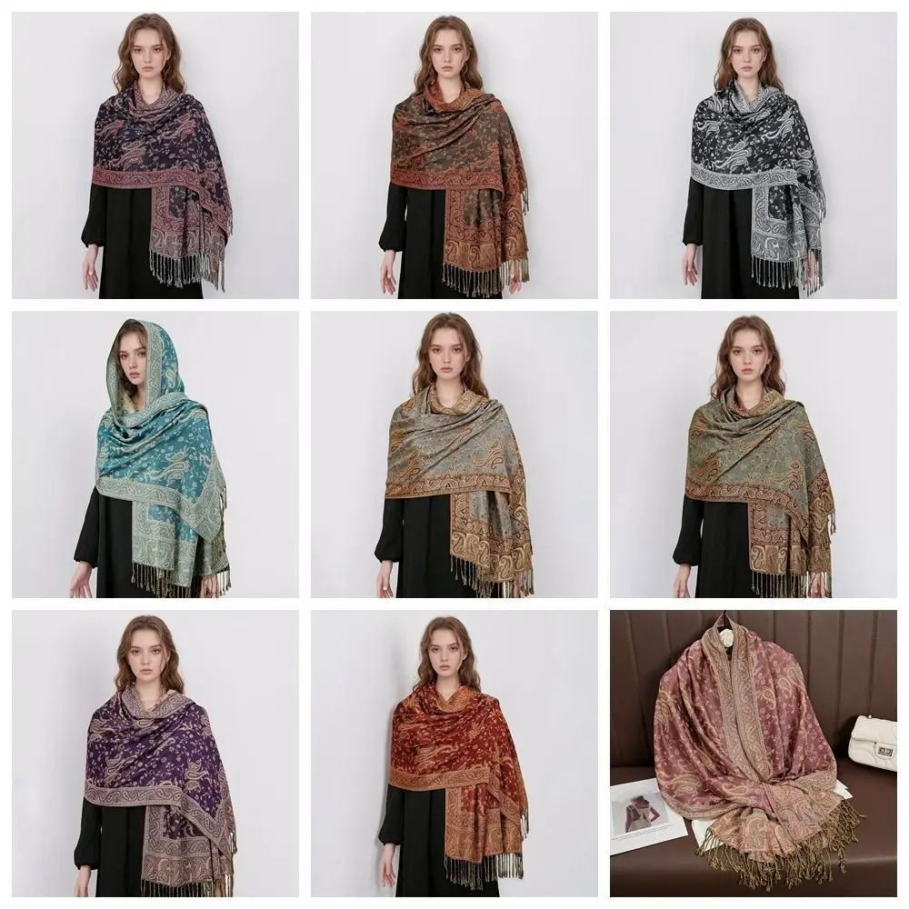 Повседневное теплое одеяло с кисточками, шаль с принтом, пашмина, богемное пончо, хиджаб, утолщенный ветрозащитный платок, осень