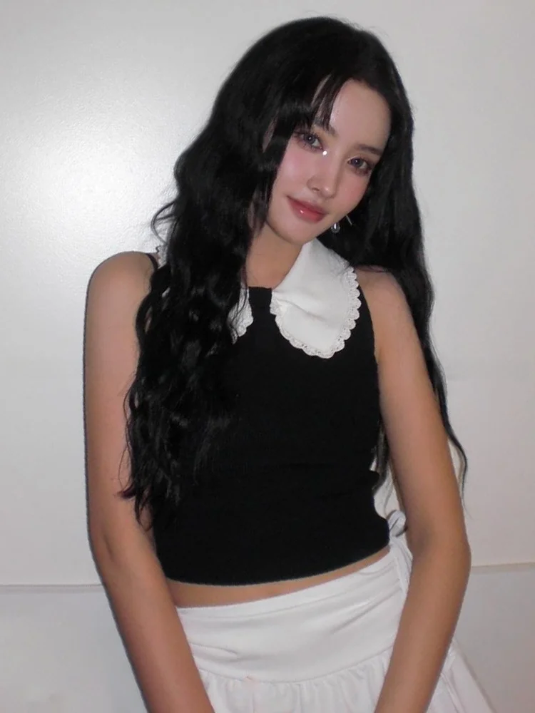 

Облегающий цветной вязаный топ с кукольным воротником и скользящим рукавом, универсальный простой корейский модный осенний новый поступление, женский сгусток...