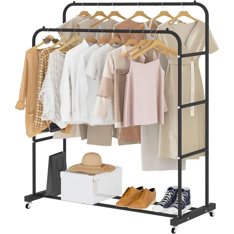 

Double Rods Clothing Rack with Wheels, Garment Rack for Hanging Clothes, Multi-functional Bedroom Clothes Rack, Black