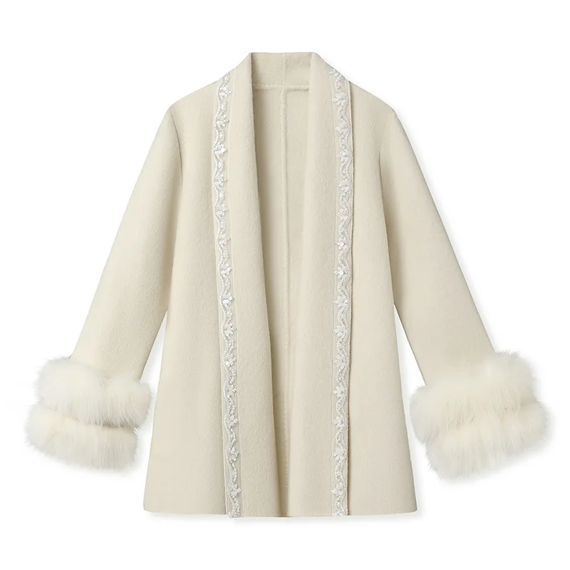 Winter high-end 90% wool beaded embroidered woolen coat women's coat cuffs fox fur wool coat