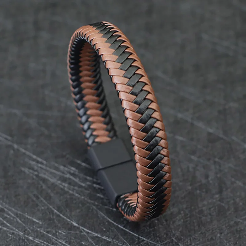 Noter męska skórzana bransoletka bransoletka czarne plecione zapięcie magnetyczne bransoletka punkowa Homme akcesoria ręczne prezent dla niego Pulsera Hombre