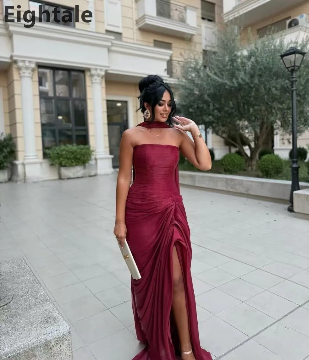 Eightale 2025 Burgundy Mermaid Maxi Evening Dress For Wedding Party Formal Prom Dress With Wrap Dubai Party Gown