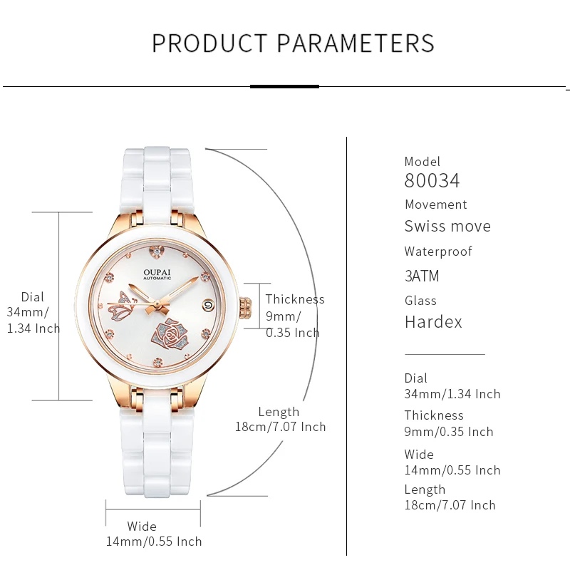 OUPAI round dial ceramic watch, women's  rhinestone scale, exquisite temperament, women's watch, calendar, fashion and casual