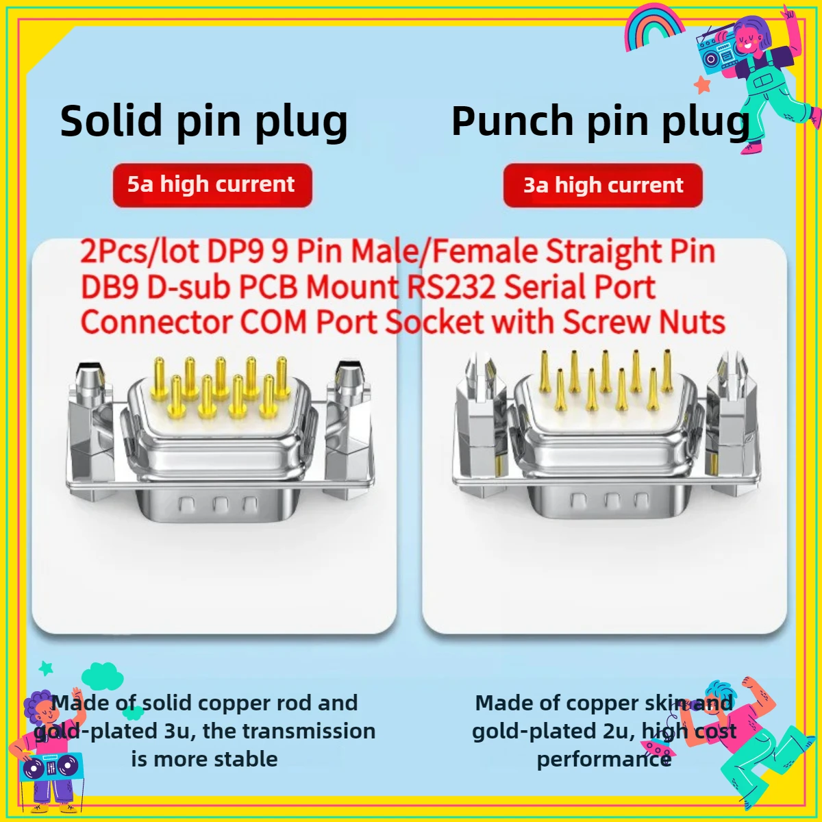 

2Pcs DP9 9 Pin RS232 Serial Port Connector DB9 D-sub Male/Female Straight Pin PCB Mount COM Port Socket with Screw Nuts