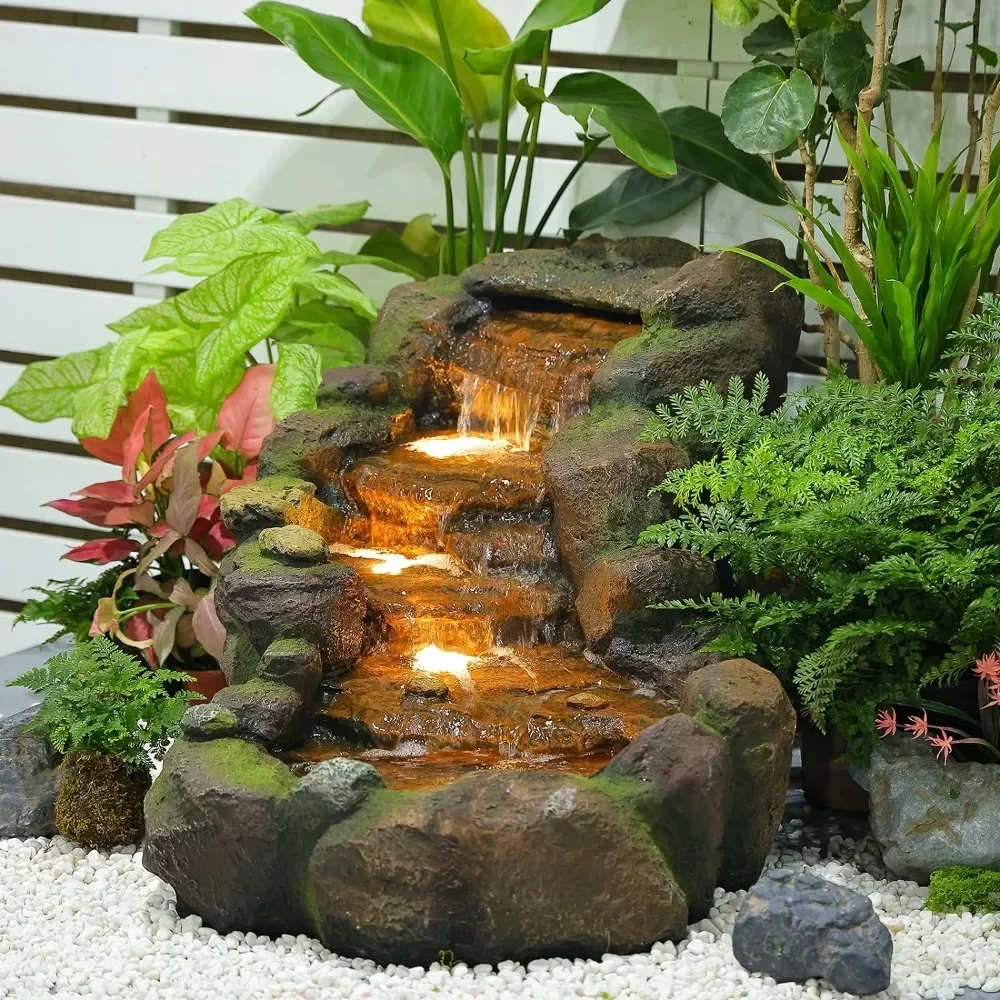 

Garden outdoor fountain, floor standing layered rock outdoor fountain with LED lights and pump, used in gardens and backyards