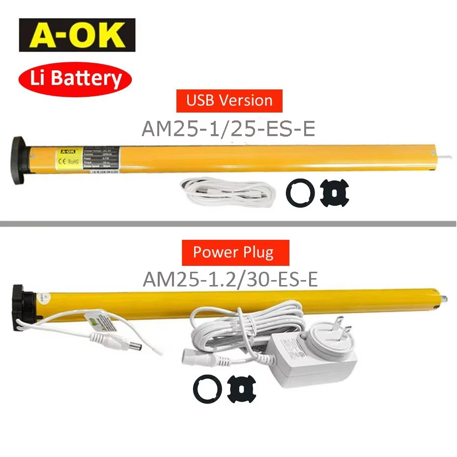 A-OK AM25 1/25,1.2/30 Rolling Tubular Motor,RF433 Remote,Built-in Li Battery,for Rolling/Roman Curtain/Sun Blinds,for 38mm Tube