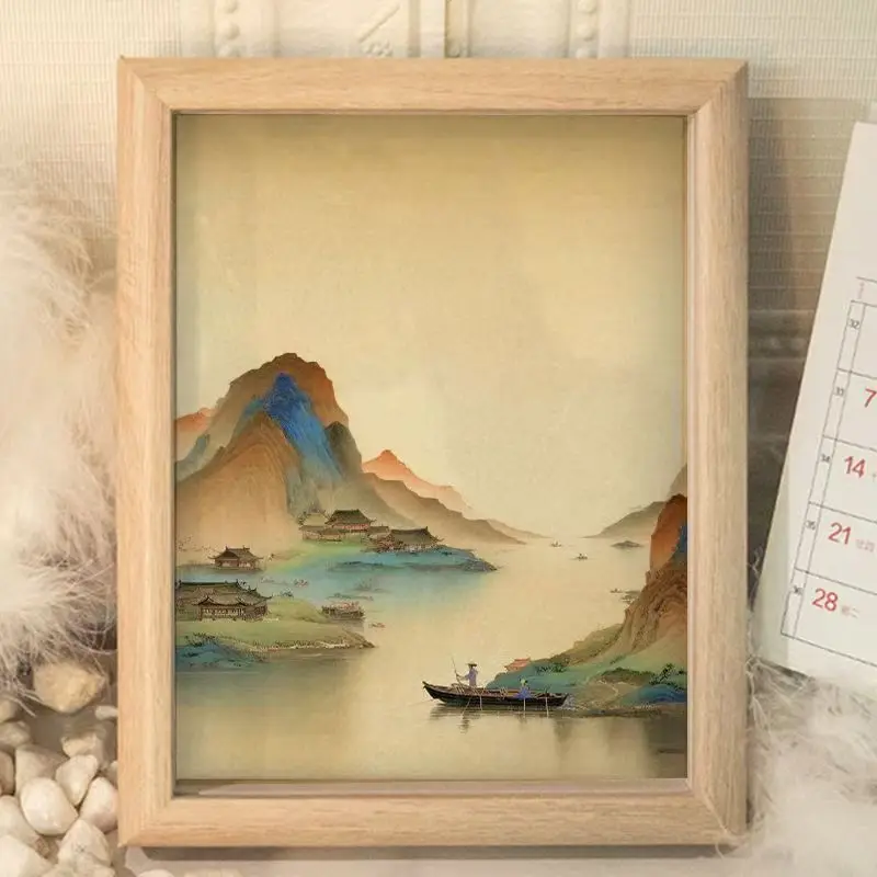 Chinese ink style Thousand Miles of Rivers and Mountains landscape painting scenery photo frame decorative desktop ornaments