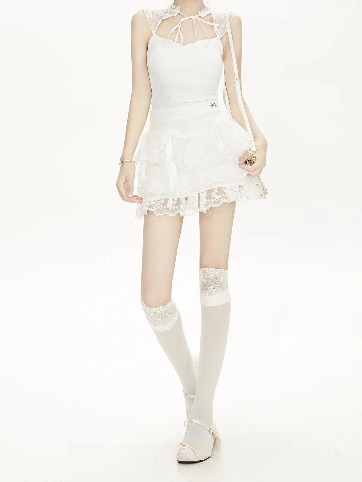 Pure Desire Style Short White Lace Splice Puffy Skirt Women's Spring Autumn New Cake Half-length Skirt High Waist Polyester F...