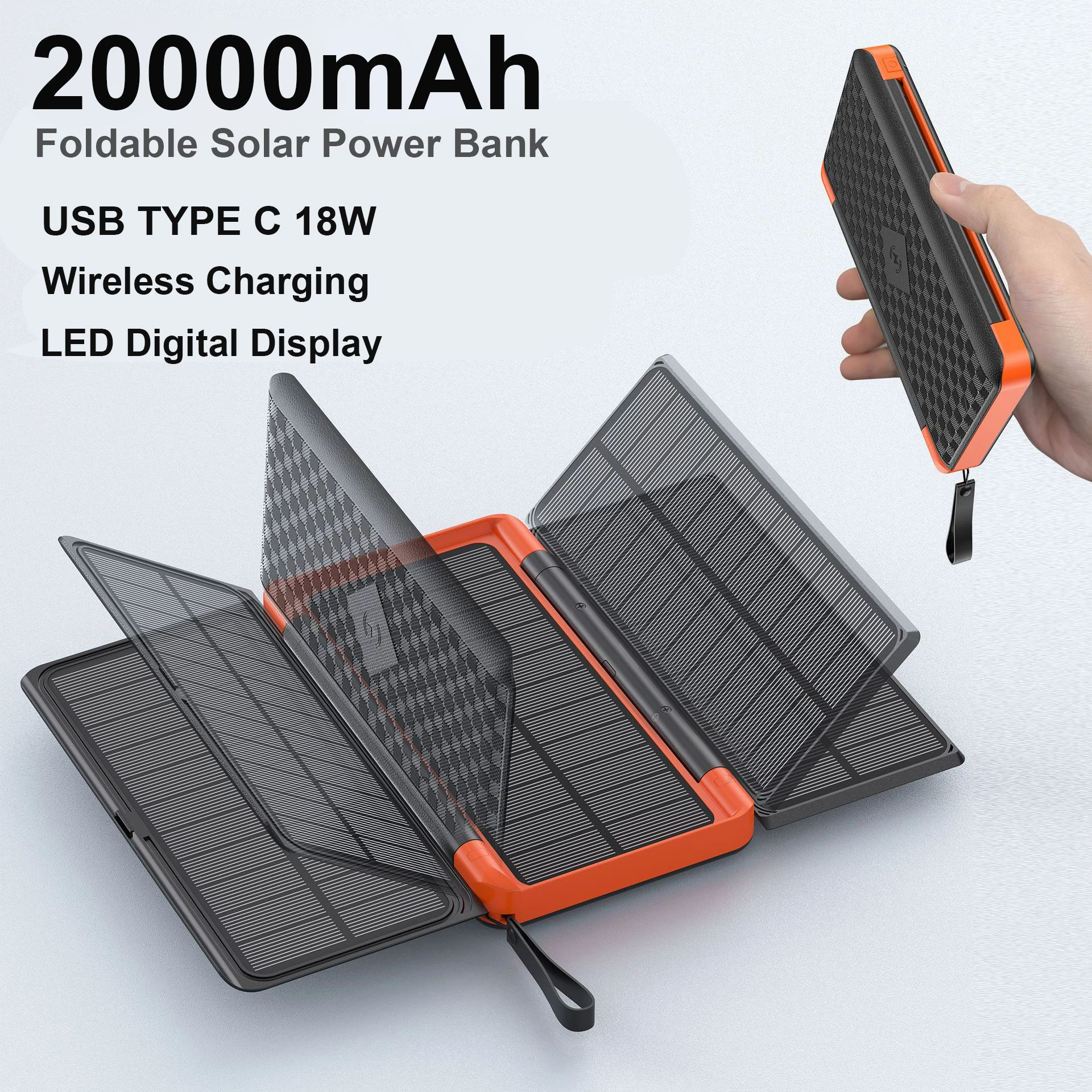 20000mAh Outdoor Solar Power Bank with 3 Solar Panel Qi Wireless Powerbank for iPhone 16 15 14 13 12 11 Huawei Xiaomi Poverbank