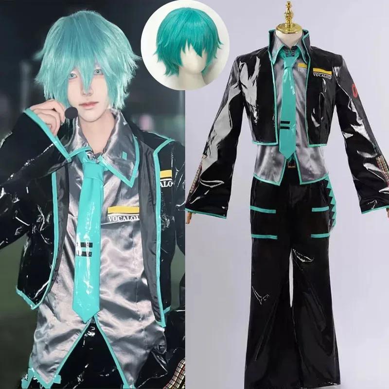 MIKUU الجنس عكس تأثيري حلي شعر مستعار للرجال أسود فضي ورنيش بدلة جلدية VOCALOIDD الرجال الطبعة 02 مجموعة حفلة تنكرية