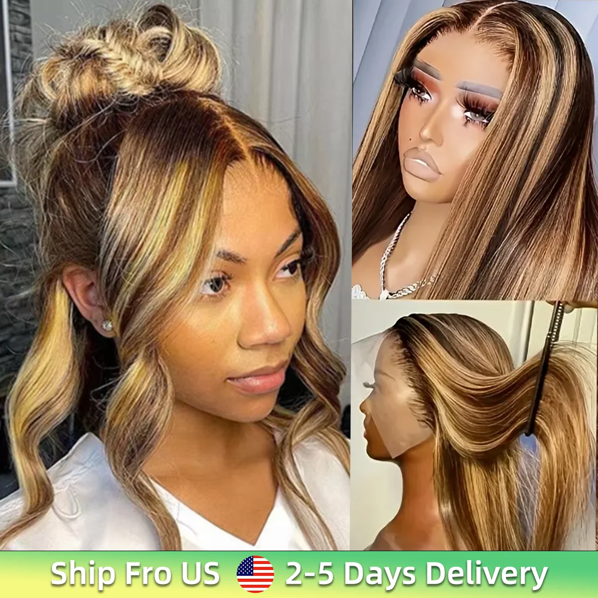 220 밀도 360 풀 HD 레이스 하이라이트 가발 인모 4/27 본 스트레이트 레이스 프론탈 가발 13x6 브라운 옴브레 레미 프리 플러킹 가발