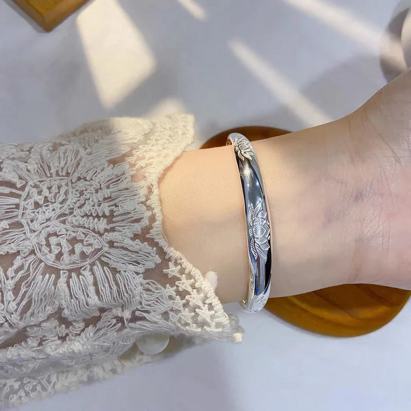 999 Sterling Silver Push Pull Adjustable Bangle for Women Engraved Lotus Flower Cuff Bracelet Vintage Oriental Lucky Fine Jewelr