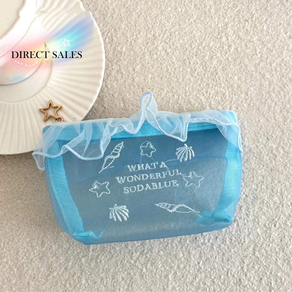 Oxford Cloth Blue Mesh Embroidered Makeup Bag Embroidery Ruffle Edge Nylon Cosmetic Bag Large Capacity Gauze Travel Storage Bag