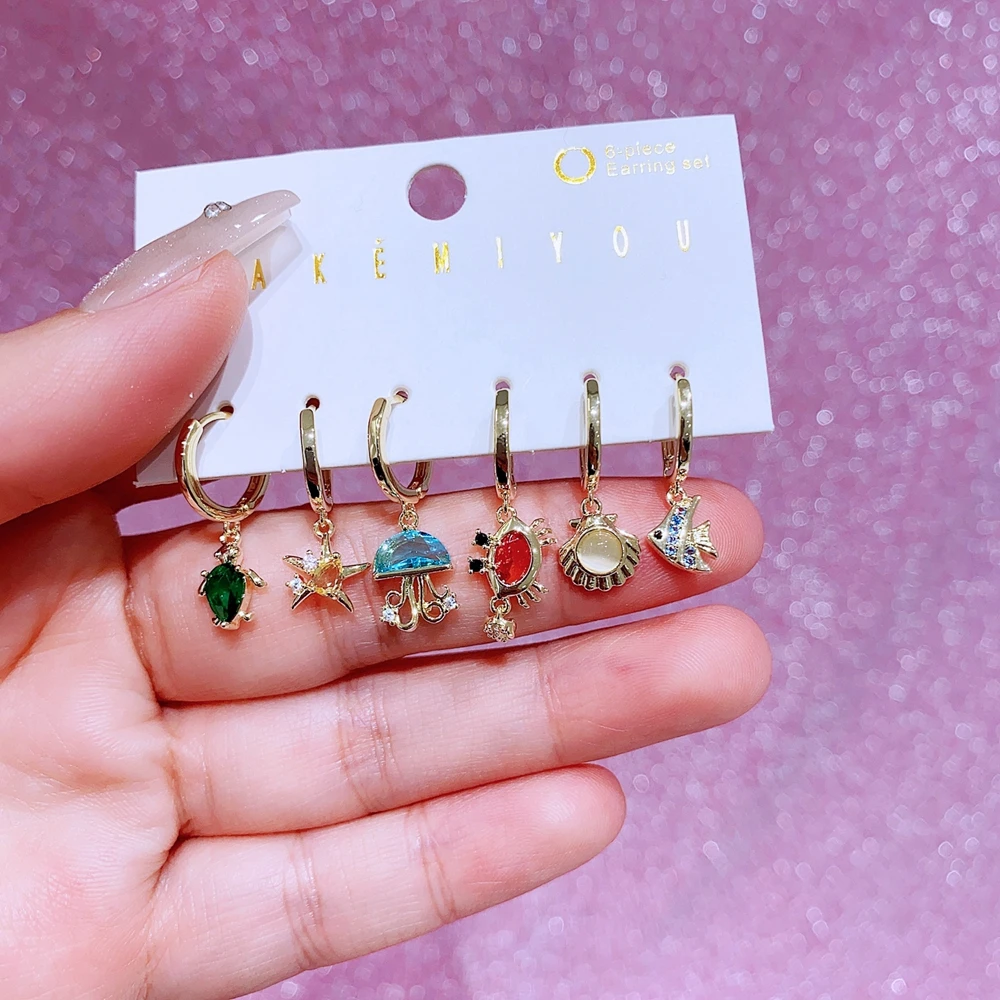MIGGA 6pcs Mix Design Anime Cartoon Dangle Earrings Set Gold Color Cubic Zircon Women Girls Gift Jewelry