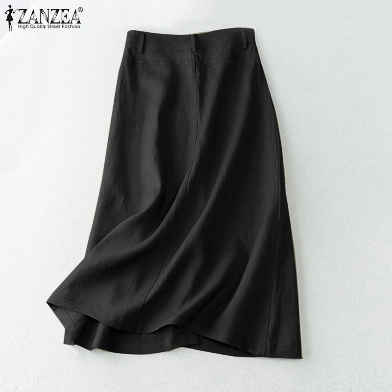ZANZEA-Saia Midi de Algodão de Cintura Alta Elegante Feminina, Casual de Botões, Saias Linha A, Monocromática, Verão, 2023