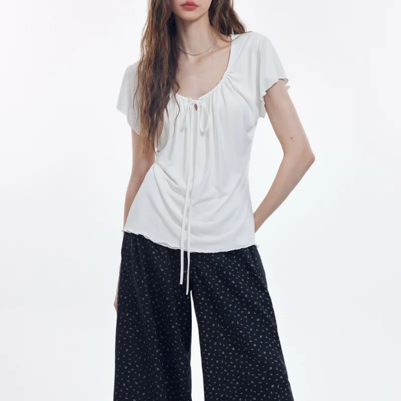 Vintage Tee Shirt Pleated Lace Up T-Shirt Summer Square Neck Short Sleeve Top Women White Casual Tops