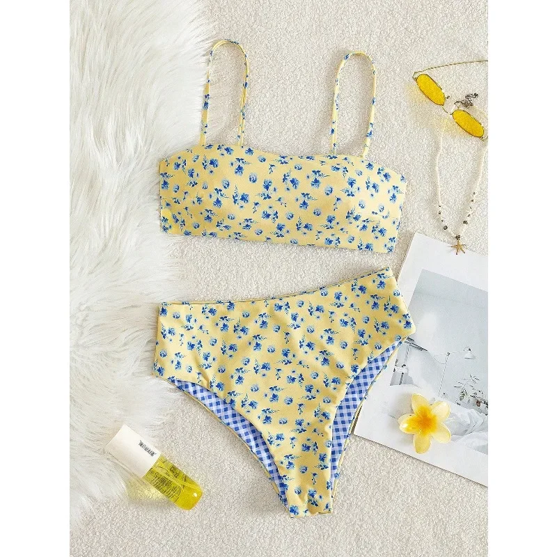 Summer double-sided printed floral asymmetrical strap swimsuit set for summer holiday beach getawaysdv