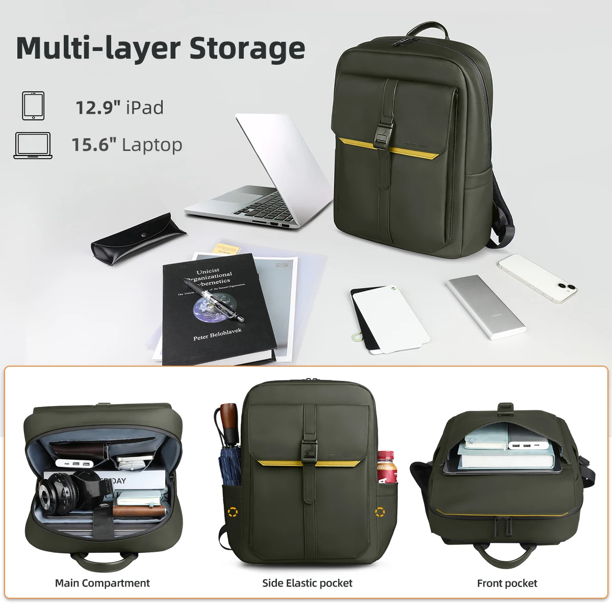 حقيبة ظهر للأعمال من HK Flap للرجال مقاومة للماء مقاس 15.6 بوصة للكمبيوتر المحمول حقيبة ظهر كاجوال ذات سعة كبيرة حقيبة مدرسية حقيبة ظهر للسفر #4