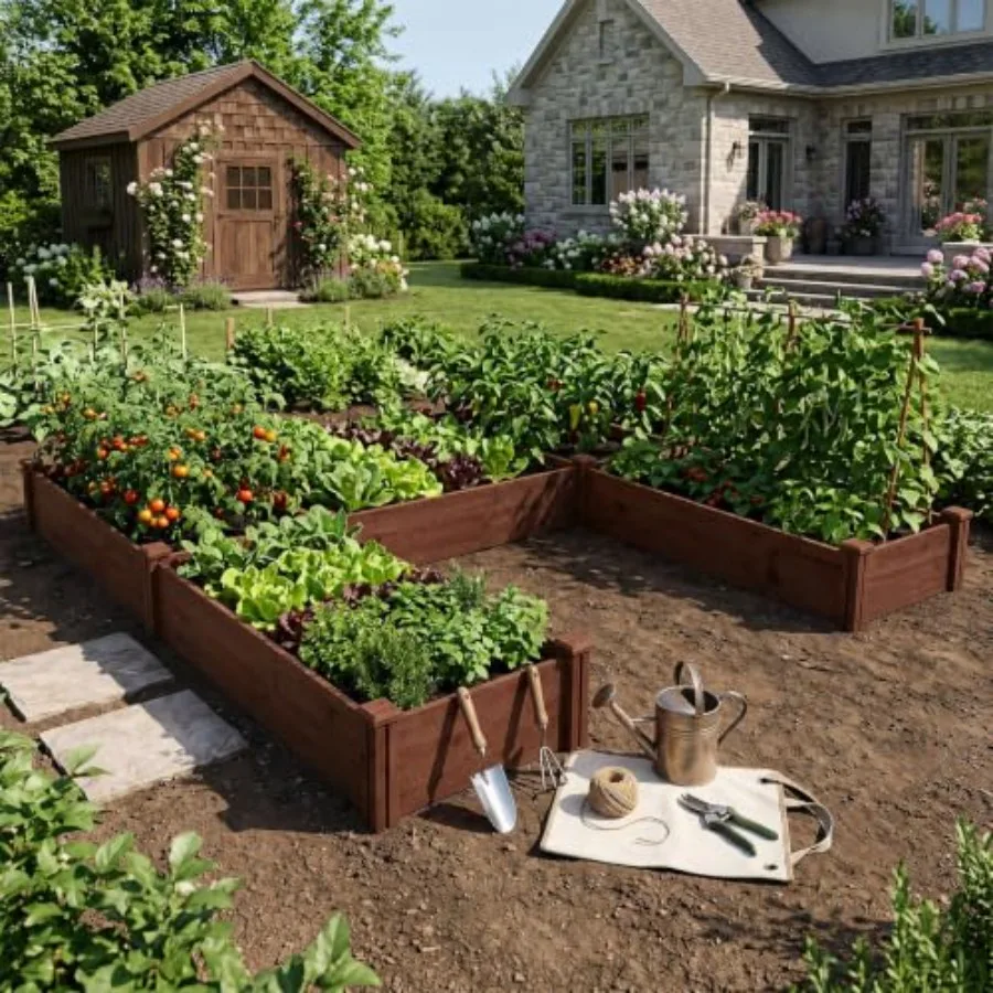U-Shaped Raised Garden Bed, 5-Section Wooden Garden Planter, Brown