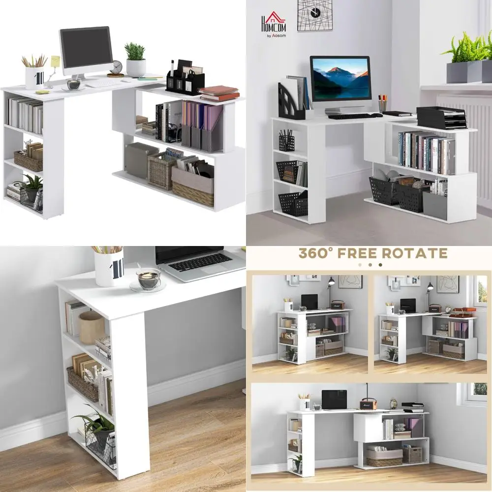 

Corner L-Shaped Computer Desk with 360-Degree Rotation and Storage Shelves for Home Office Use