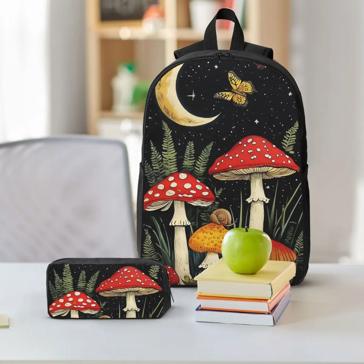 Mushroom Butterfly And Plant Pattern Backpack Boys Girls BookBag School Bag Shoulder Bags 3ps Insulated Lunch Bag Pencil Case