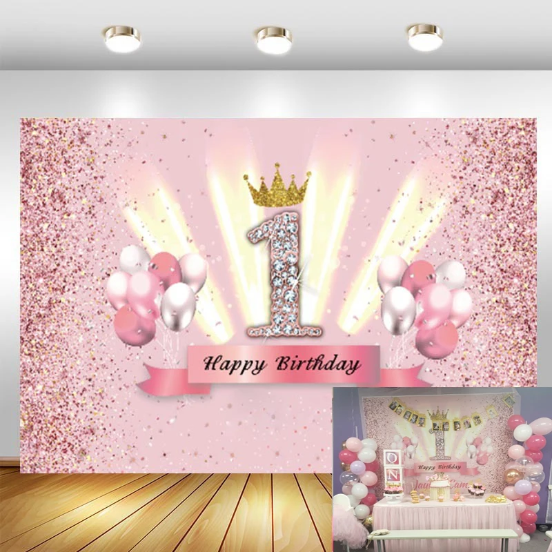 

Pink 1st Bithday Backdrop For Boys Girls 1 Years Old Birthday Party Custom Photography Background Photo Studio Banner