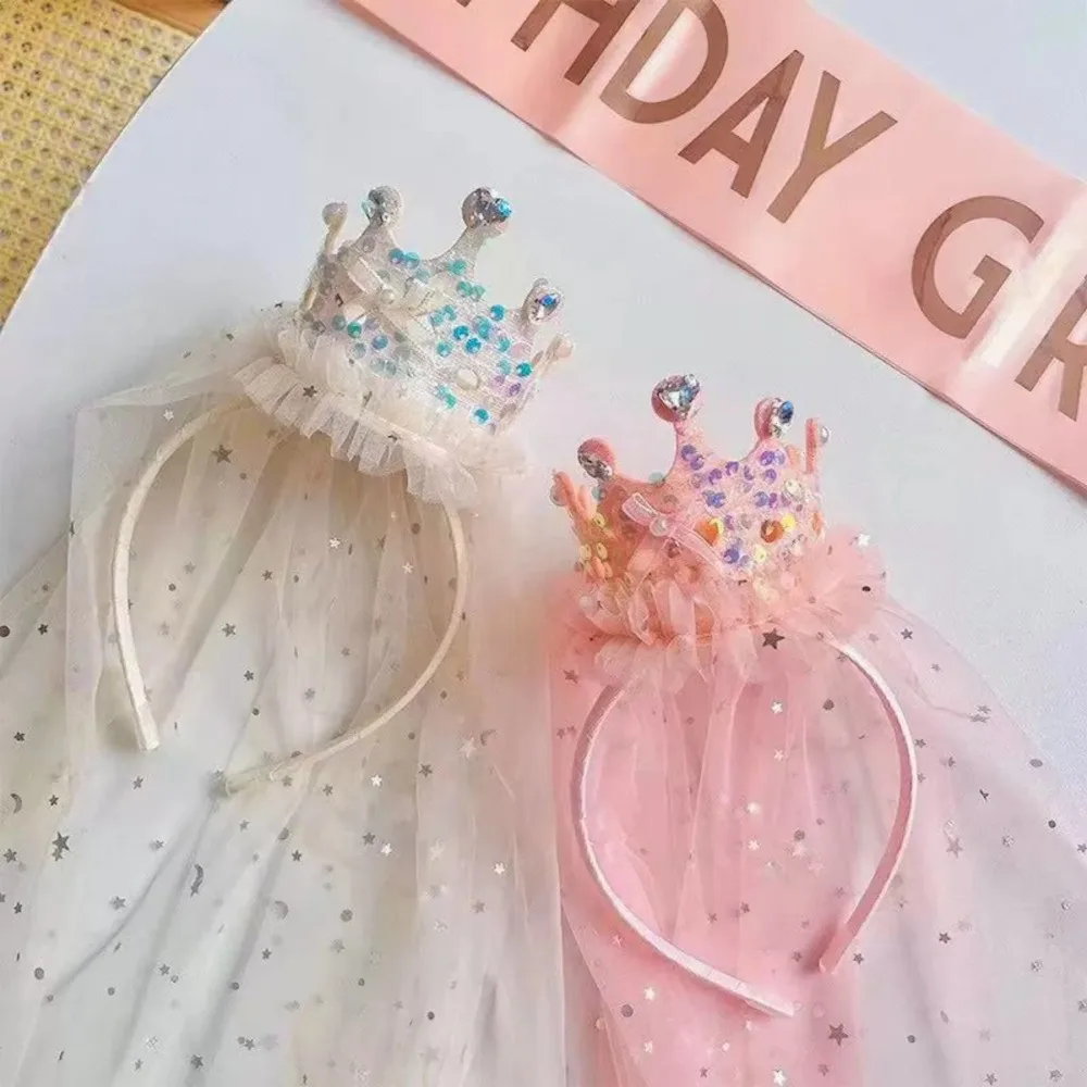 1PC Pink/White Sequin Princess Crown Veil Headband Sparkly Tulle Hair Accessory for Cute Girl's Party Dress up image 5