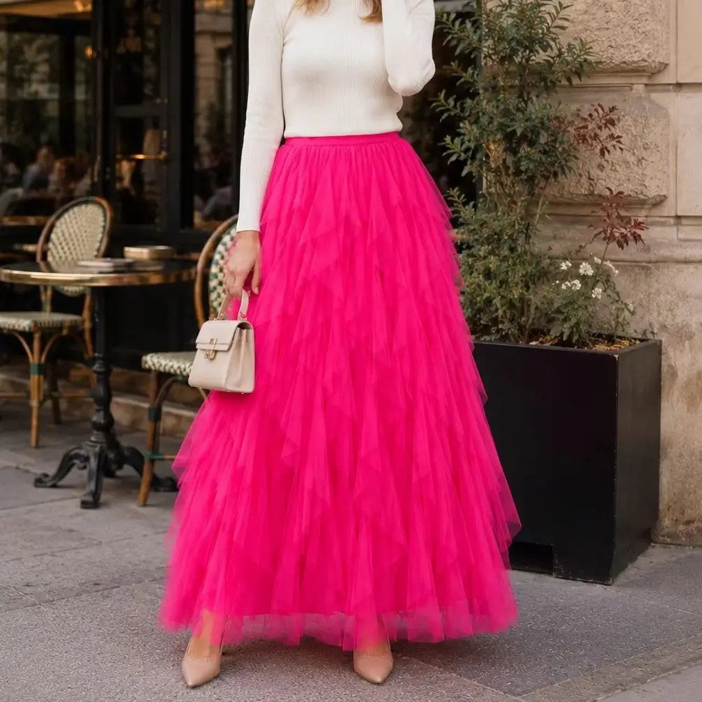 Women Elegant Tulle Long Maxi Skirt High Waist Mesh Tutu Pleated Solid Color Fairycore Spring Summer Party Wedding Skirts
