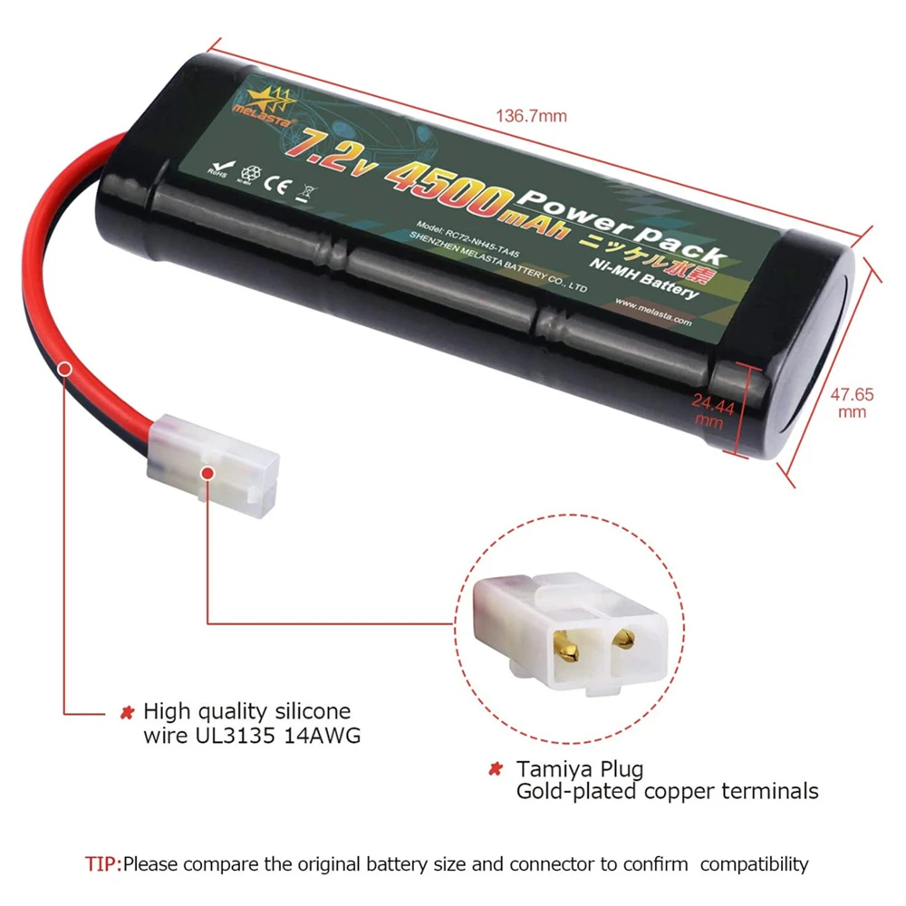 7.2V 4500mAh NiMH RC Toy Battery Flat Racing Car Vehicles Rechargeable Battery for RC Trucks Buggy Boat with Tamiya Connector