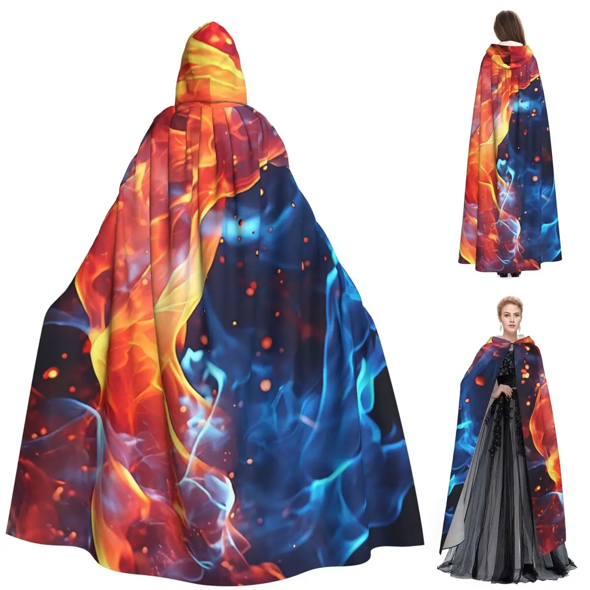 

Длинный плащ с капюшоном и принтом синего огня, средневековый костюм ведьмы, накидка для косплея, пальто на Хэллоуин для взрослых, унисекс