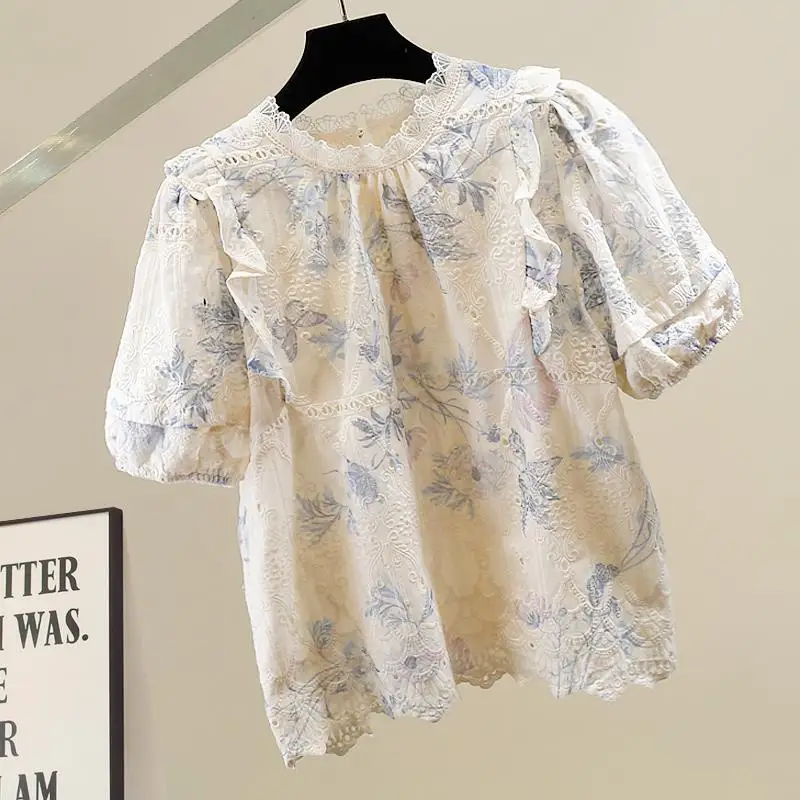 

Faionable Heavy Embroidery Print round Ne Bubble Sve ort Sve Chiffon Loose Top Women's Trendy irt Design Sense