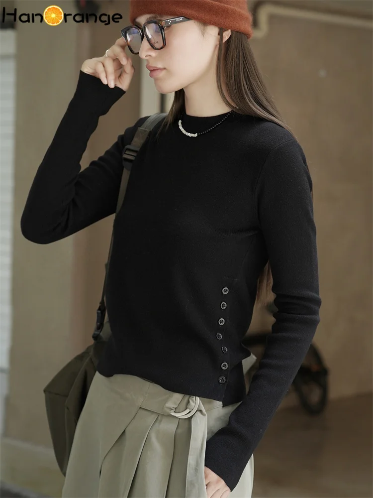

HanOrange 2025 Autumn/Winter Fashion Side Button Mercerized Wool Knitted Sweater Women Soft Glutinous Slimming Top Black/Yellow
