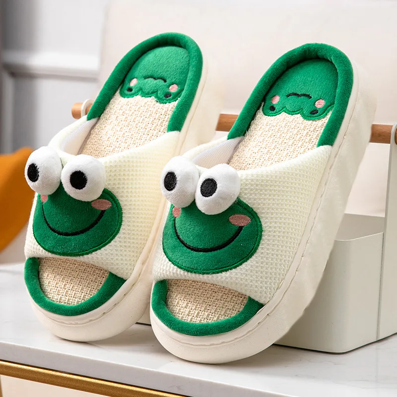 Four Seasons Cute Frog Home Linen Slippers for Men and Women Couples Indoor and Household Anti Slip Thick Sole Slippers